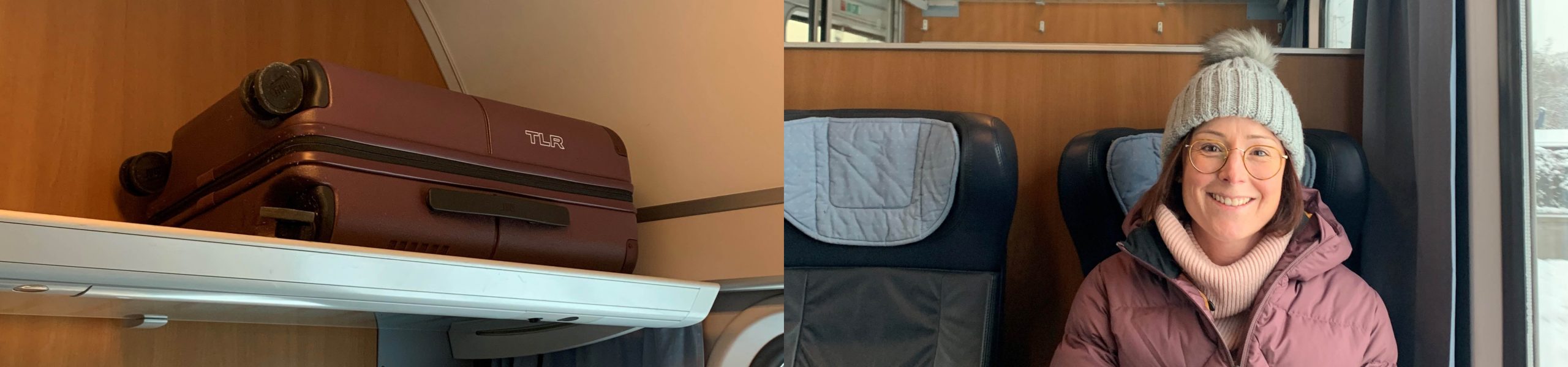 Female traveler on train in Europe traveling light with carry-on luggage only